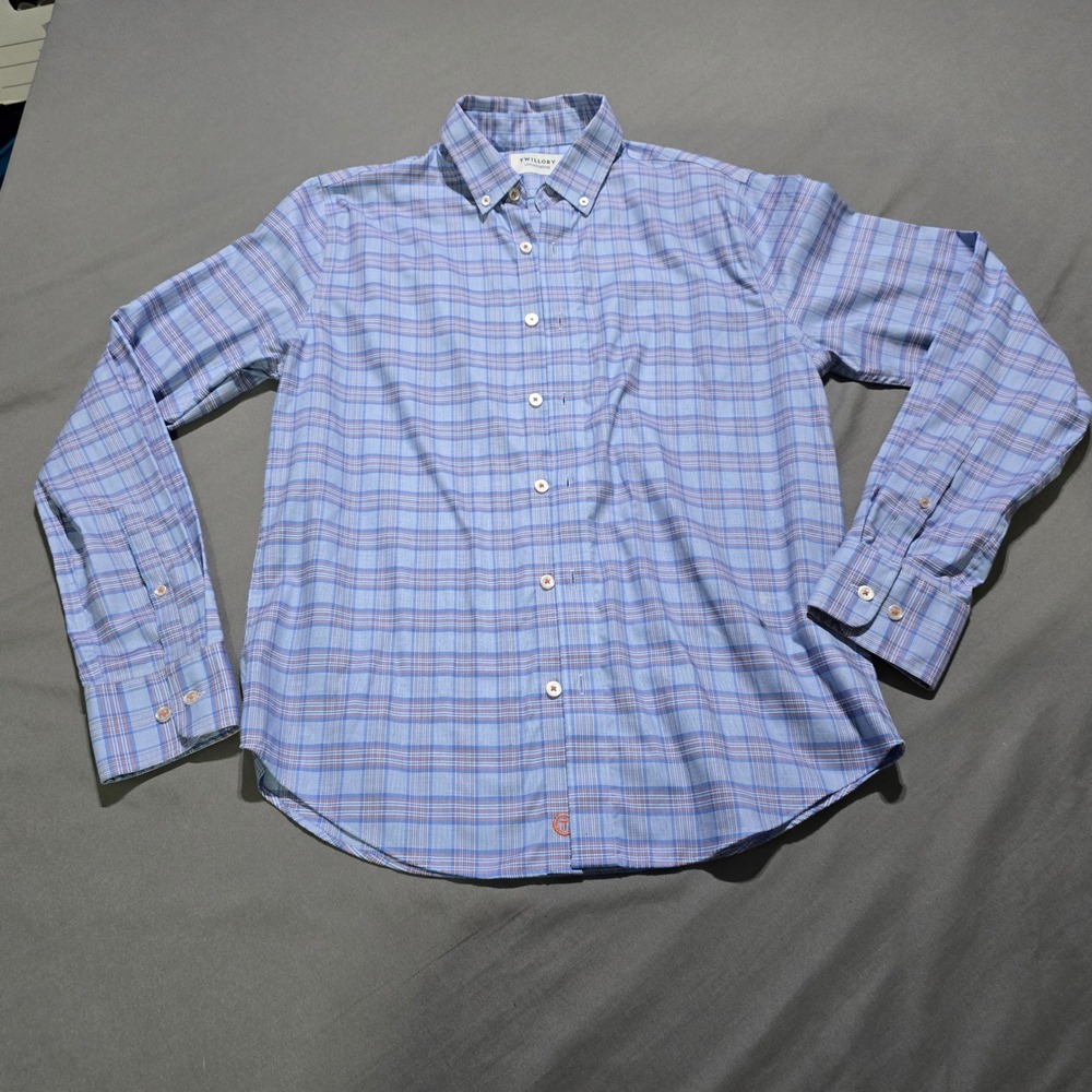 Twillory Button Down Mens S-M Blue Plaid Untuckable Tailored Fit Safe Cotton